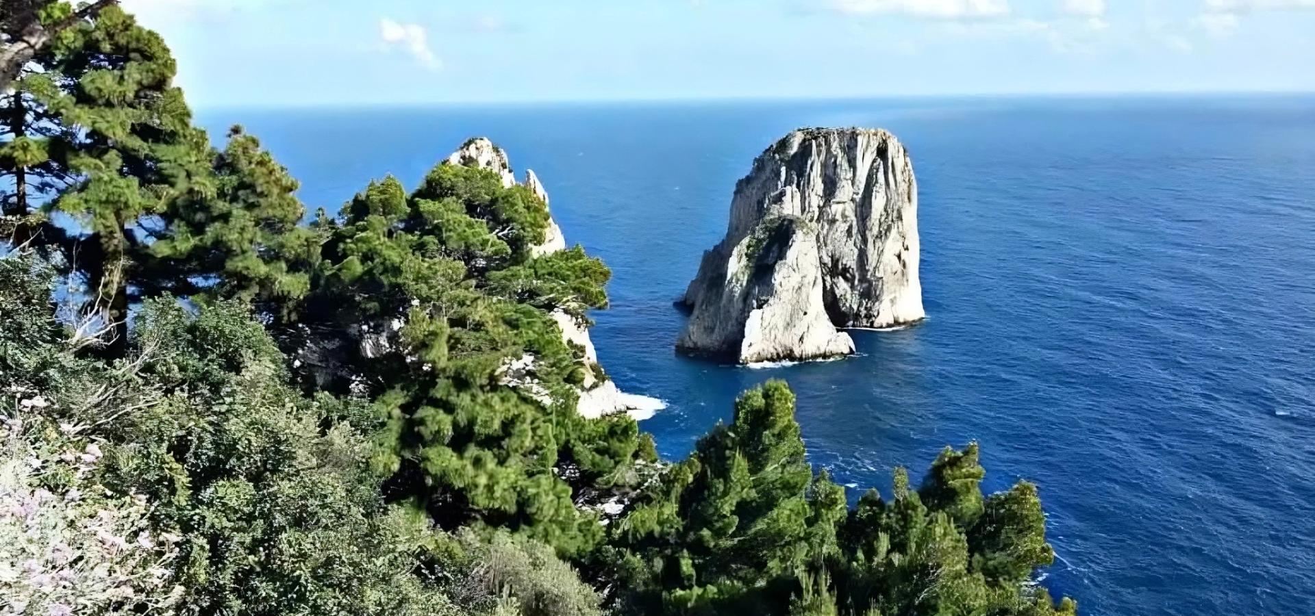 Scogliere imponenti emergono dal mare blu, circondate da verdi pini rigogliosi.