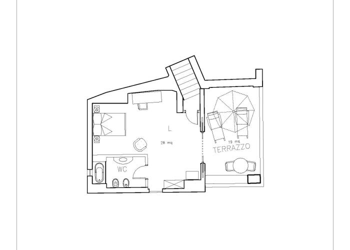 Planimetria suite elegante con terrazza per momenti di relax e comfort.