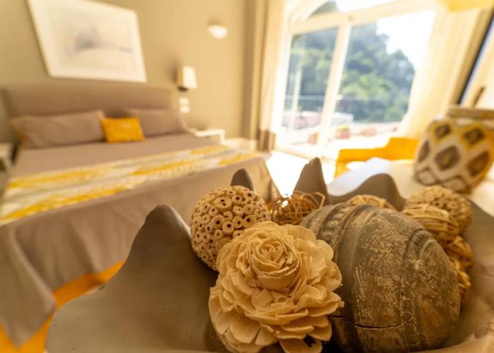 Camera accogliente con decorazioni naturali, atmosfera luminosa e rilassante vista sul giardino.